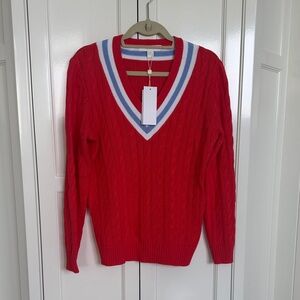 Lilly Pulitzer Bright Red V-Neck Cable Knit Sweater with Blue & White Trim